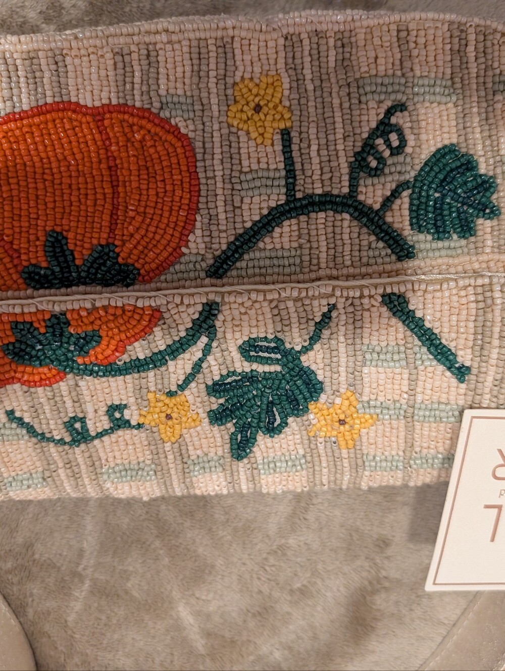 Viral Pumpkin Neutral Beaded Shoulder Bag with Subtle Mint Trim - Picture 3 of 4